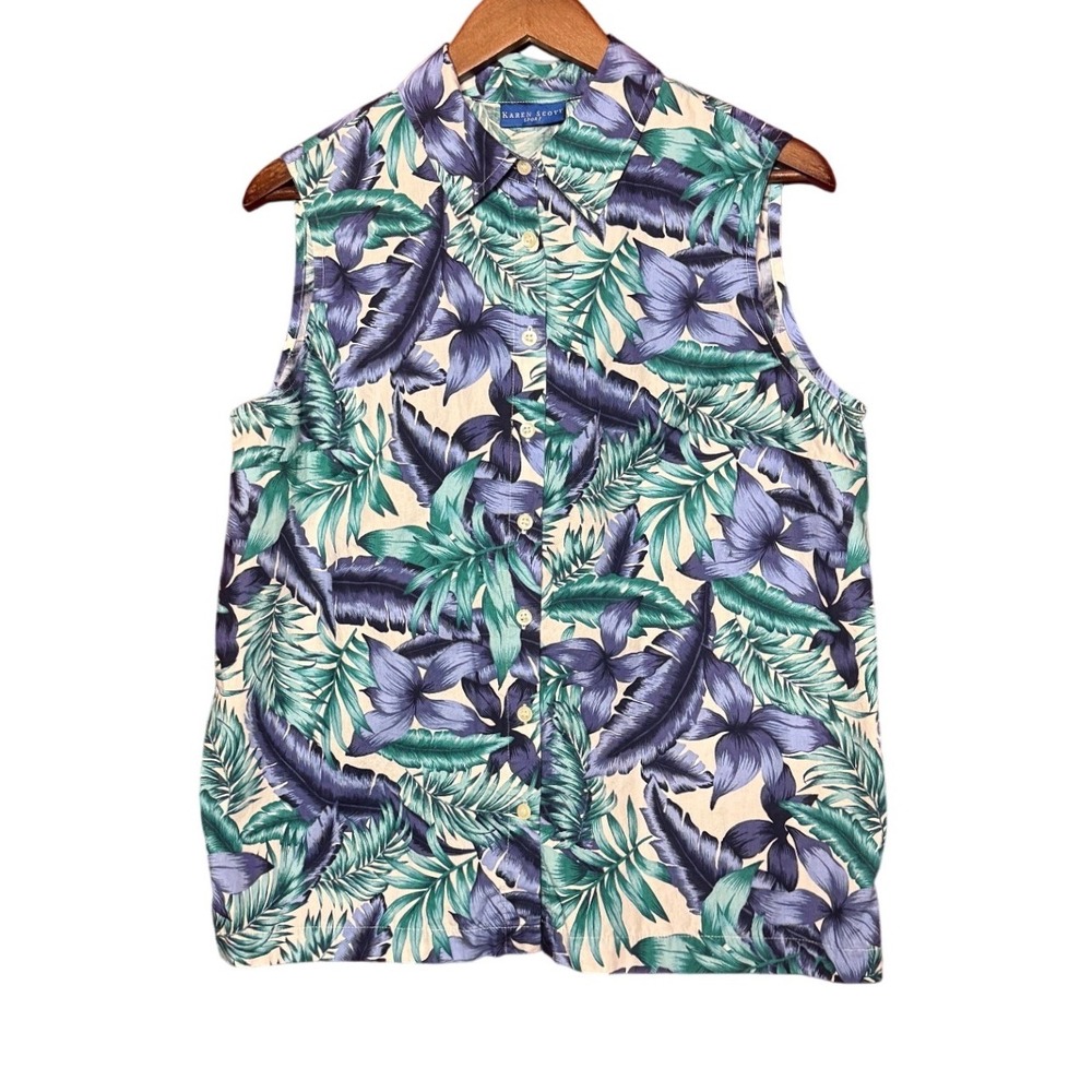 Karen Scott Sport Women Large Tropical Floral Cotton Sleeveless Button Up Shirt